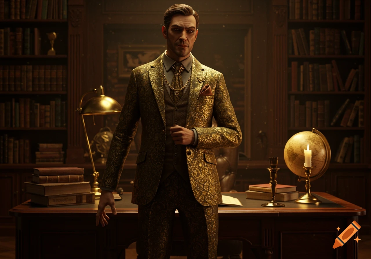 A stylish man in a golden damask suit stands in a dark, luxurious study with bookshelves and a desk.