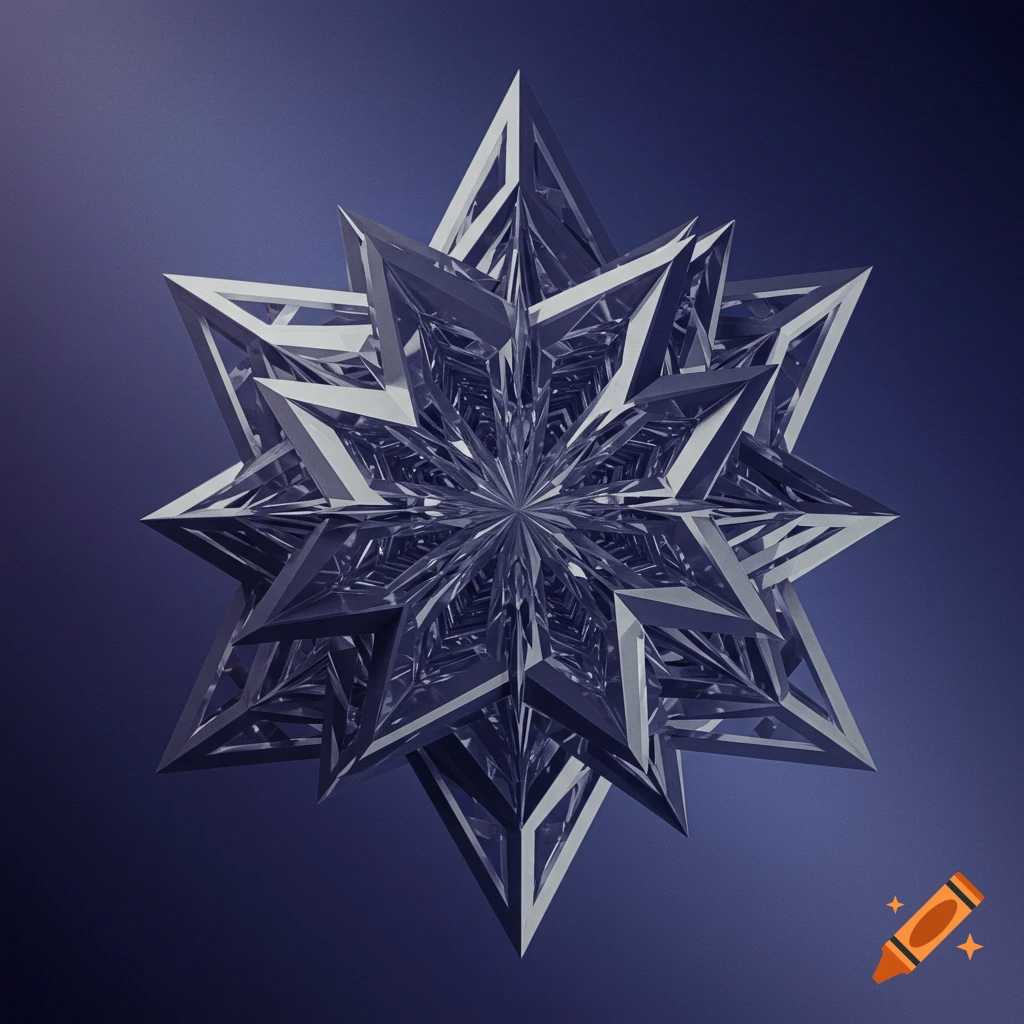 A complex chrome geometric star-like shape with intricate facets on a blue gradient background.