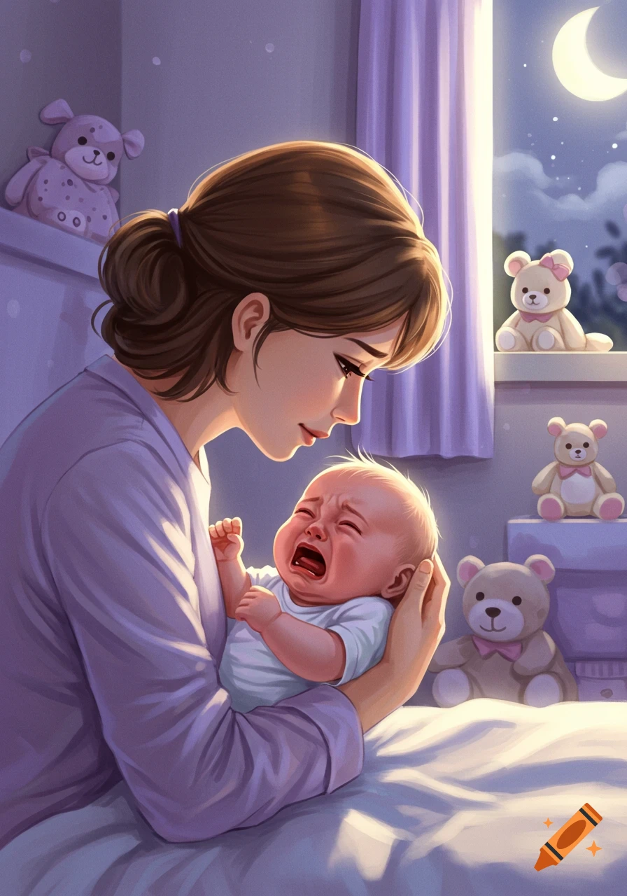 An illustration of a mother gently holding her crying baby at night, surrounded by teddy bears.