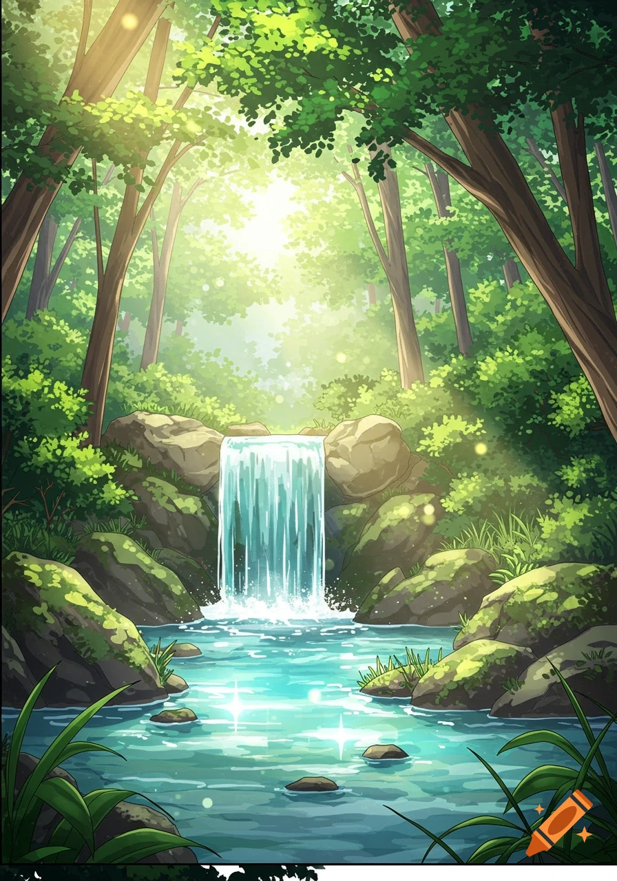 Manga style forest with a small waterfall, clear blue pond, and sunlit green trees.