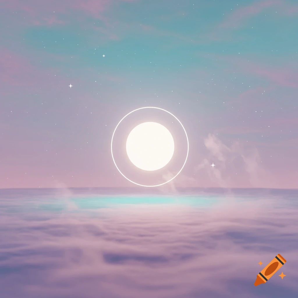 A glowing white orb with a ring above purple clouds against a teal and purple starry sky, in a minimalist style.