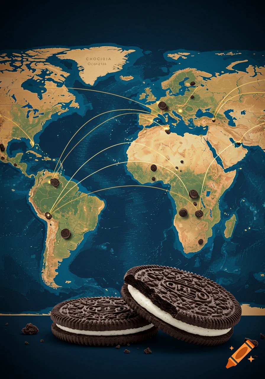 Two Oreo cookies on a dark surface with a world map showing interconnected points behind them.