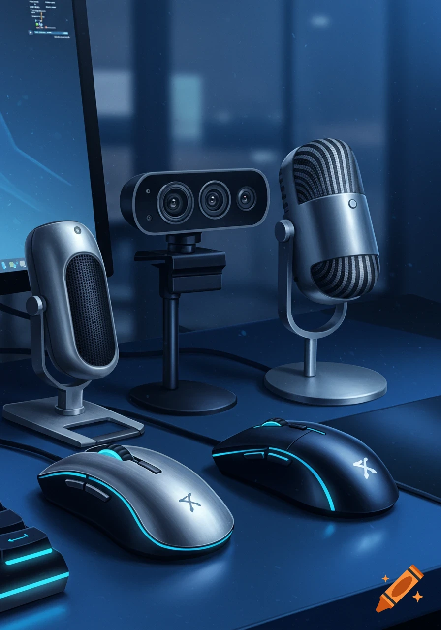 A close-up of computer peripherals, including two microphones, a webcam, and two gaming mice with blue LED accents on a dark blue desk.