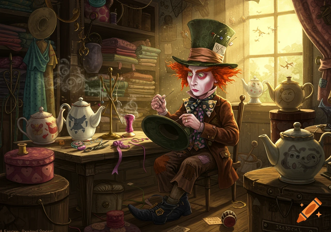 The Mad Hatter with bright red hair and a tall green hat sews a hat in a cluttered, magical workshop filled with teapots and fabrics, in an illustrative style.