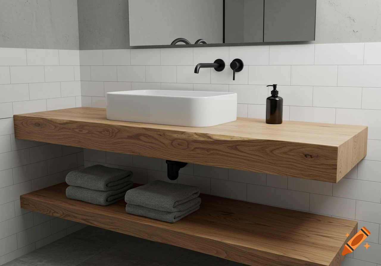 A modern bathroom features a floating wooden vanity with a white rectangular sink, black faucet, and white subway tiles. Gray towels are on a shelf below.