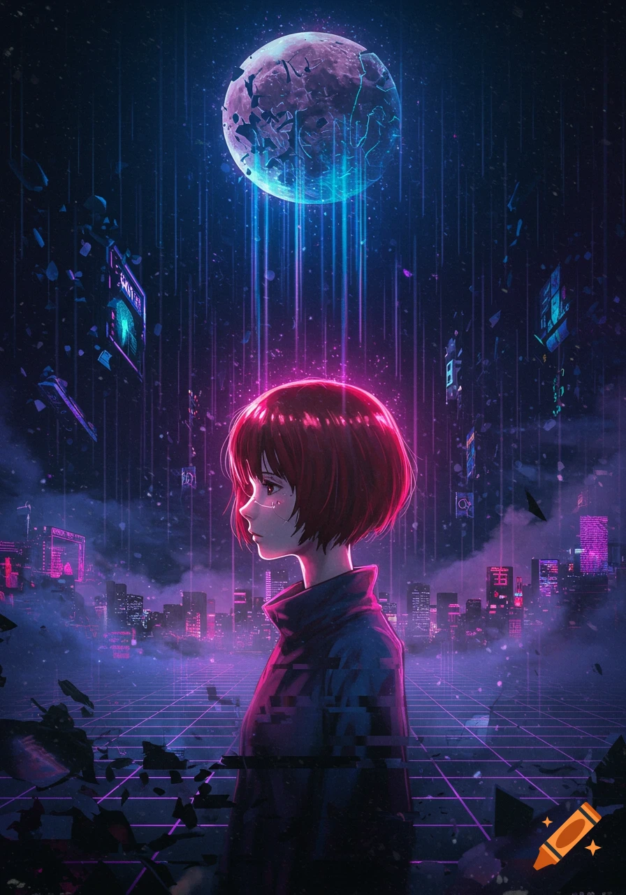 Anime girl with short red hair looking at a glitching moon and futuristic cityscape with purple and blue neon lights.