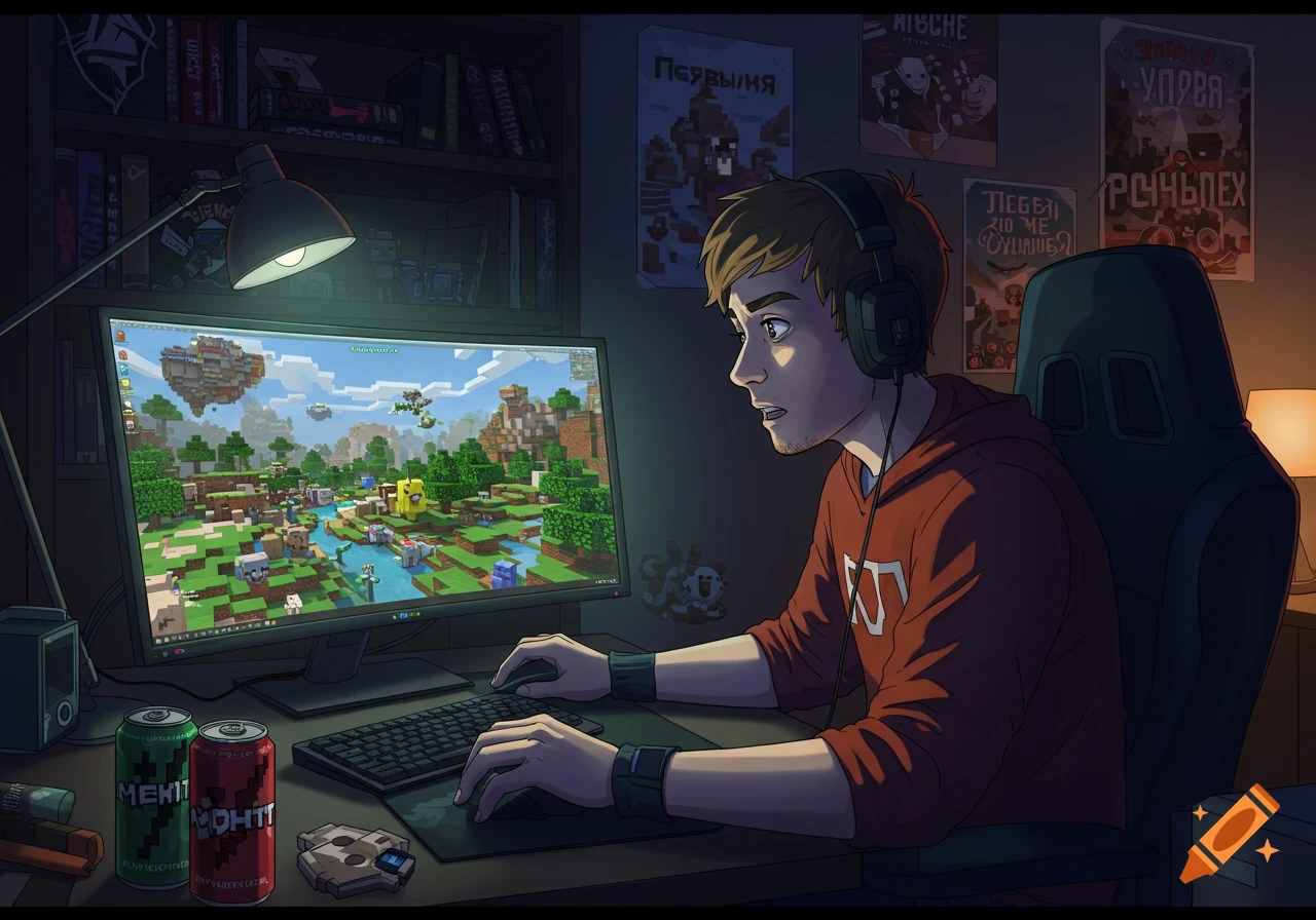 An anime-style image of a young man with headphones playing Minecraft on a computer in a dimly lit room, with posters on the wall and soda cans on the desk.