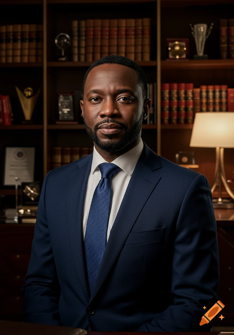 Photorealistic portrait of a man in a dark blue suit and tie, looking directly at the viewer, with a bookshelf background.