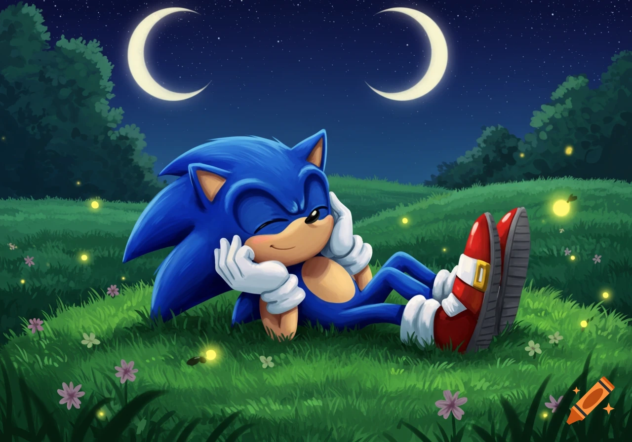 Cartoon Sonic the Hedgehog resting in a grassy field at night under two crescent moons with fireflies.