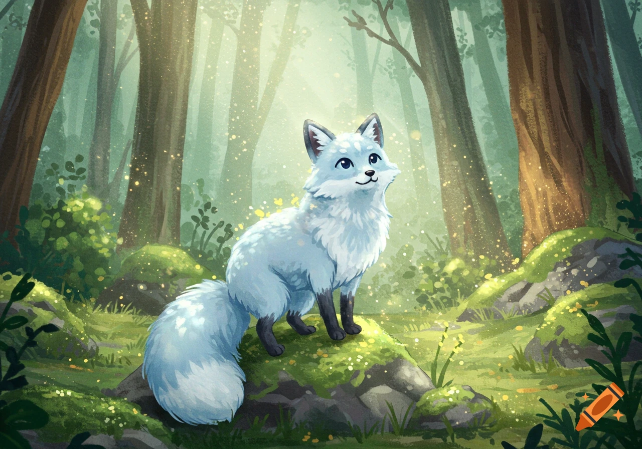 A cute light blue arctic fox with black paws sits in a magical forest clearing with sparkling light and green foliage, digital illustration.
