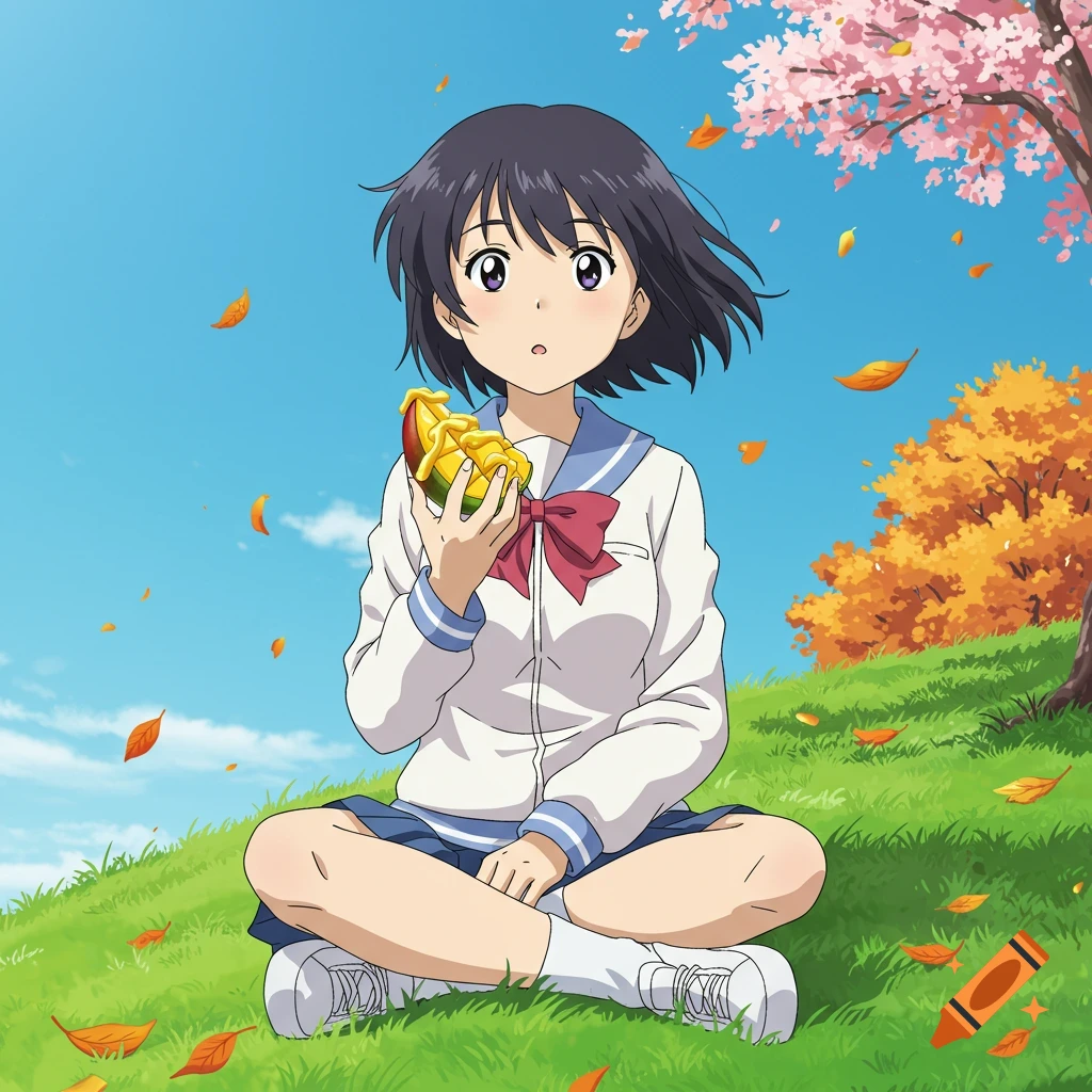 Anime girl sitting on a grassy hill with cherry blossoms and autumn trees, eating a mango with yellow sauce.