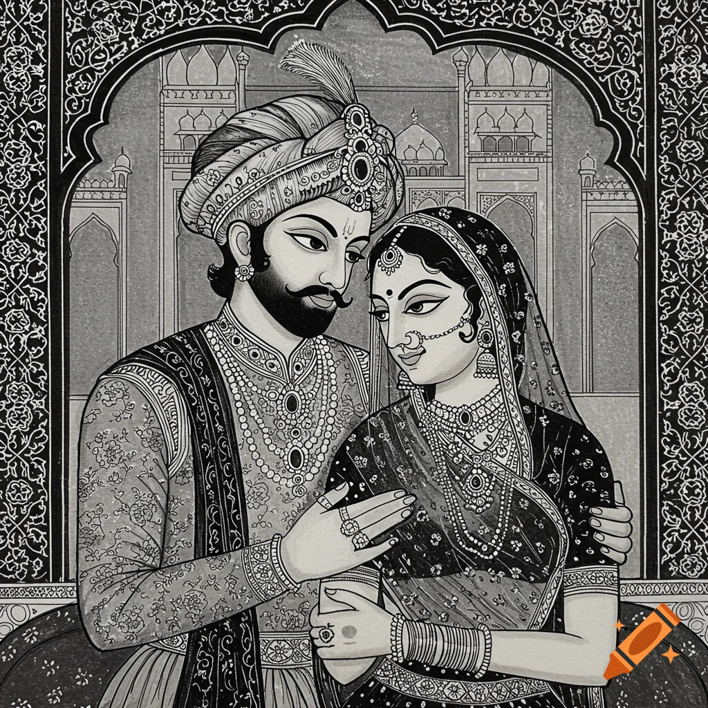 Black and white woodblock etching of an Indian royal couple, Shah Jahan and Mumtaz Mahal, in ornate attire and a decorative architectural frame.