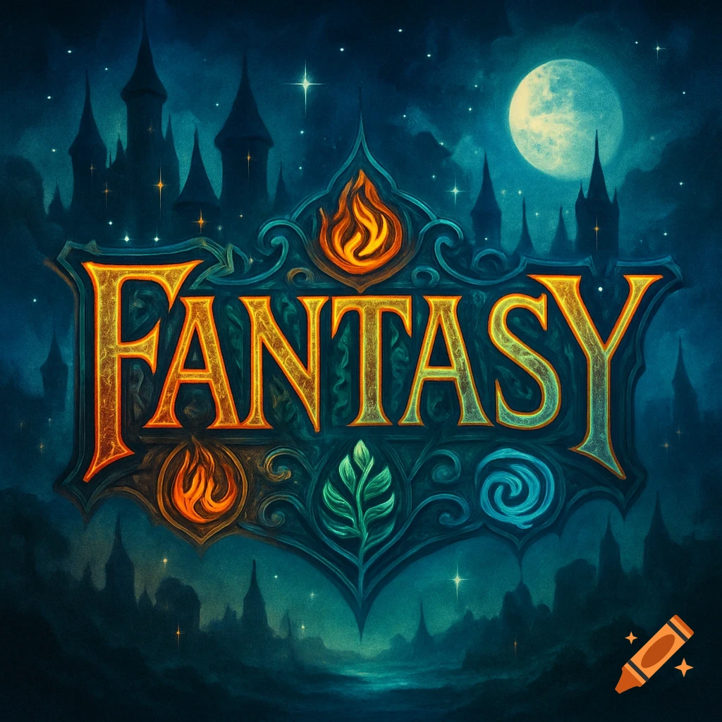 Stylized golden 'FANTASY' logo with flames and intricate designs, against a dark night sky with castles and a full moon.