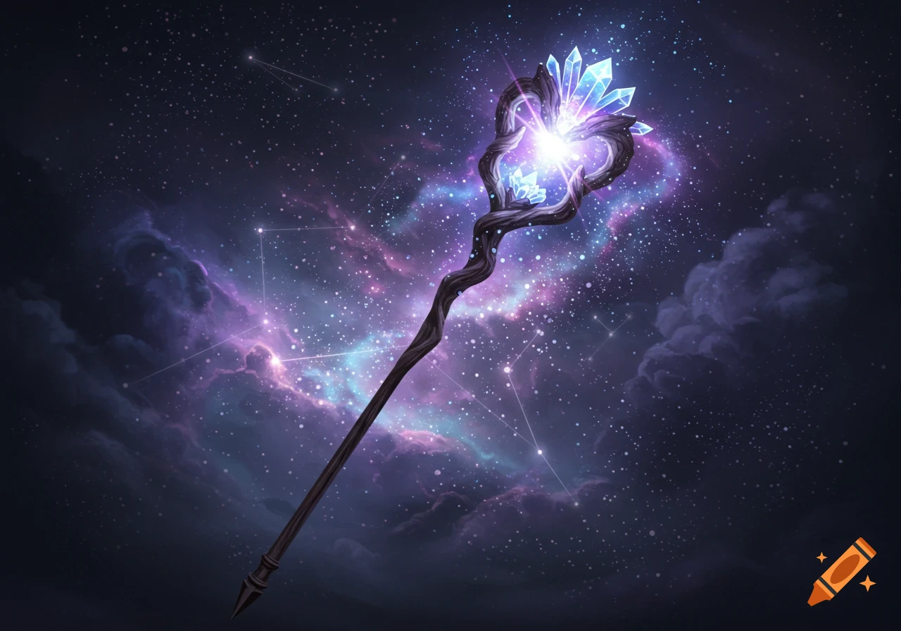 A glowing, ornate magic staff with blue crystals against a vibrant purple and blue cosmic nebula filled with stars and constellations.