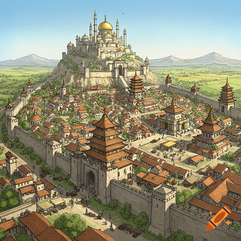 Detailed concept art of a walled medieval city with diverse architecture, topped by a grand castle on a hill.