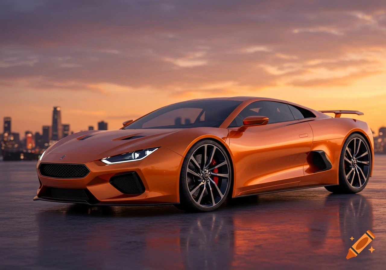 A sleek, orange sports car parked on a reflective surface with a city skyline and sunset sky in the background.