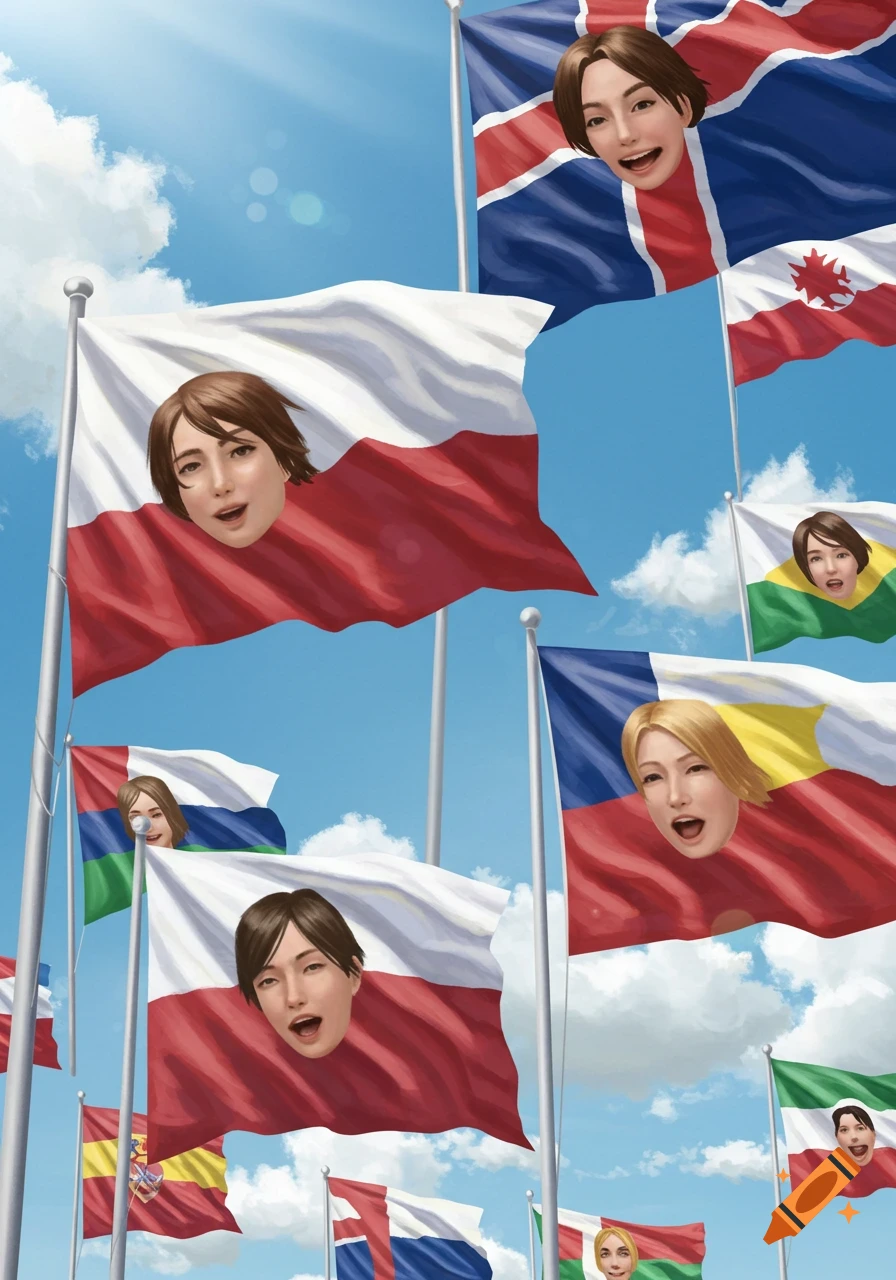 Digital art of many country flags, including Polish and Icelandic, with human faces emerging from them, waving in a blue sky.