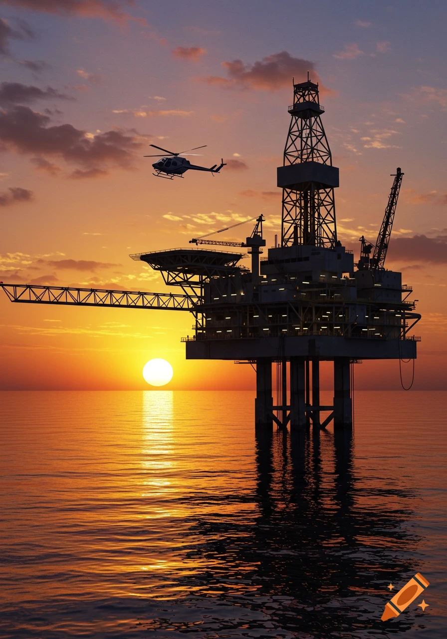 A photorealistic image of an oil drilling rig at sea with a helicopter flying overhead during a golden hour sunset.