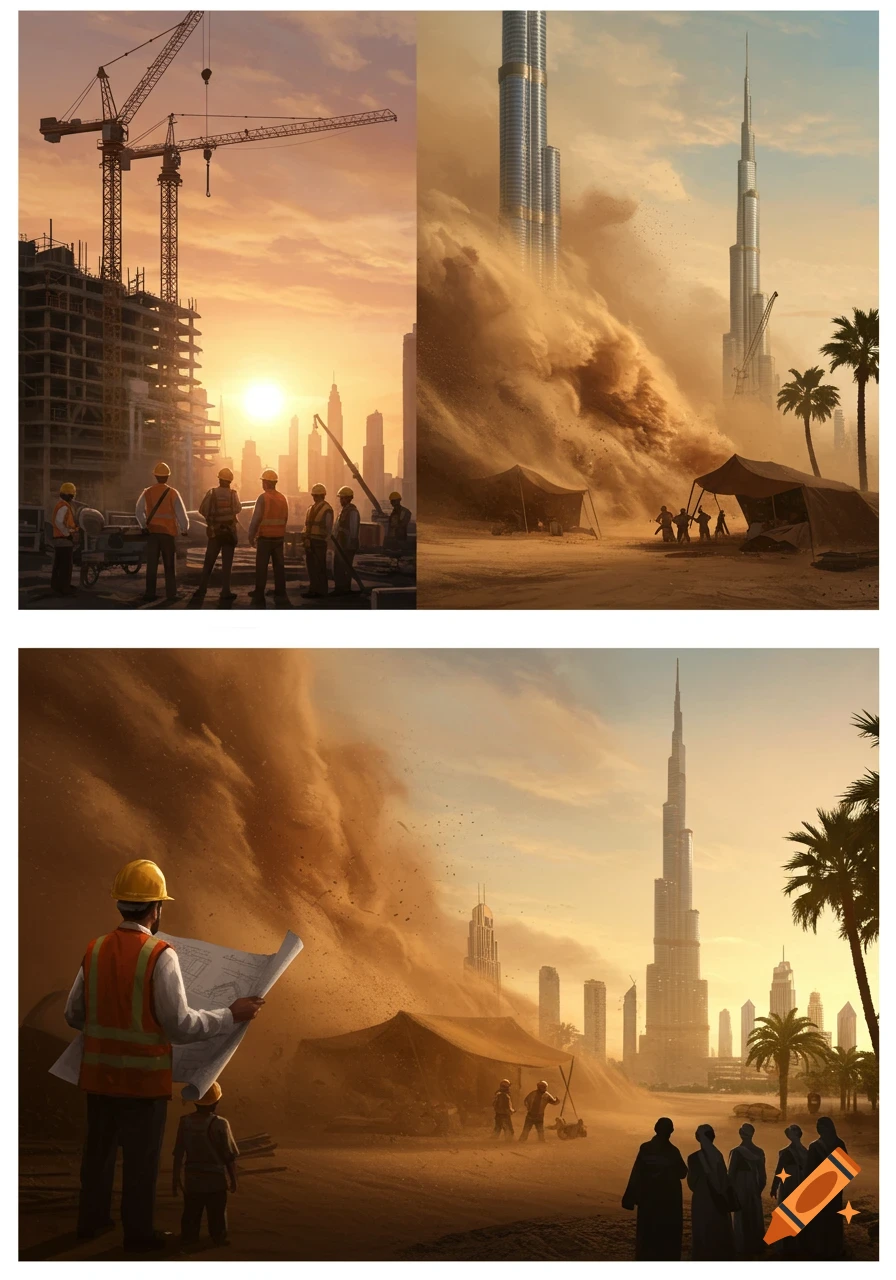 Four panels depicting construction workers, a sandstorm, and people in the Dubai desert with skyscrapers in the background.