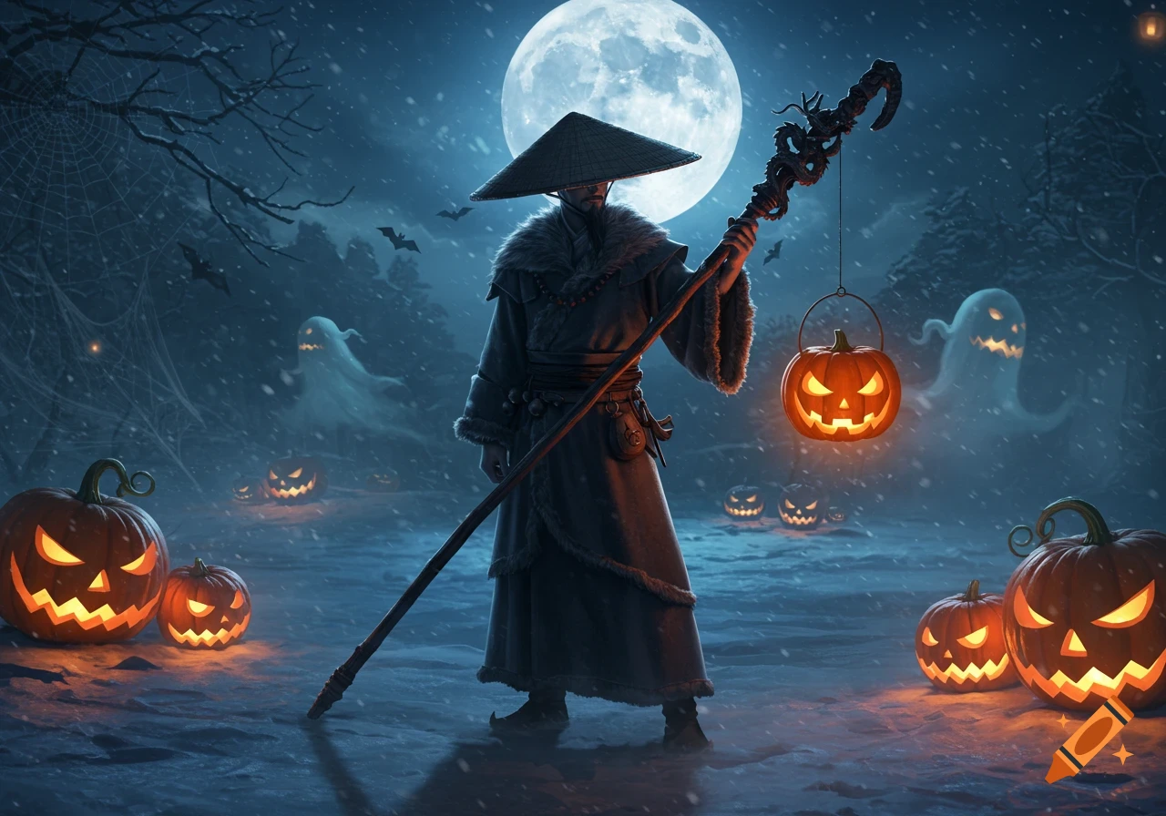 A martial arts master in a conical hat and fur-trimmed robe stands in a snowy Halloween scene under a full moon, holding a staff with a glowing jack-o-lantern, with ghosts and pumpkins in the background.