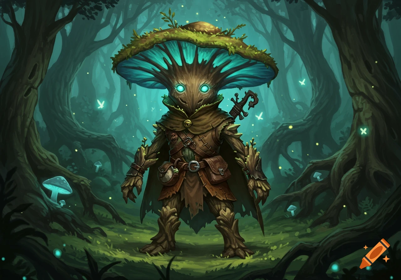 A fantasy mushroom-headed creature (Leshy) with glowing eyes and leafy branches for limbs stands in a dark, magical forest.