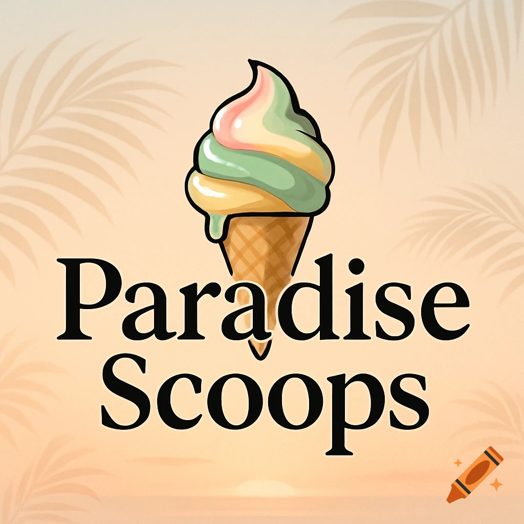 A logo featuring a colorful ice cream cone above the words 'Paradise Scoops' on a light orange background with palm leaf shadows.