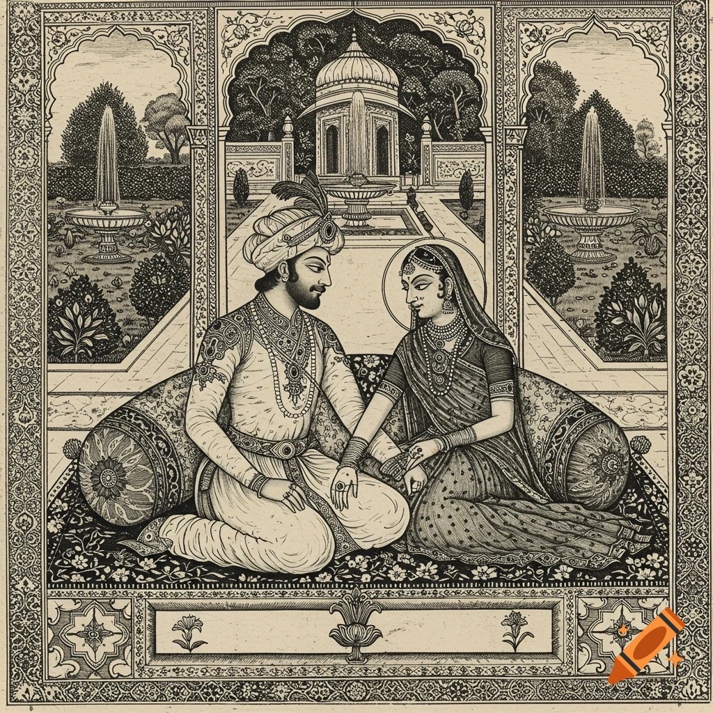 Black and white woodblock print of Shah Jahan and Mumtaz Mahal sitting in a regal garden, holding hands, with intricate borders.