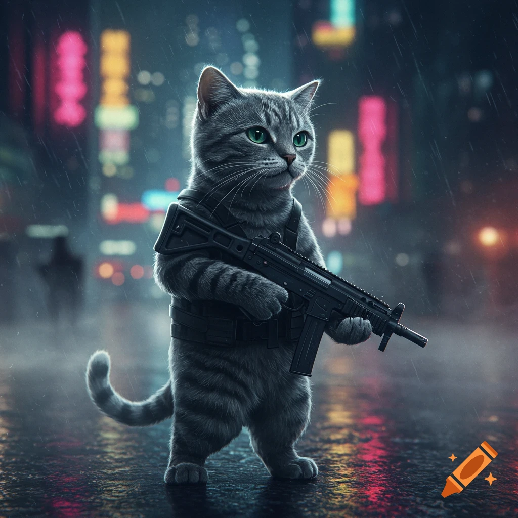 A grey tabby cat wearing tactical gear holds a submachine gun in a rainy, neon-lit cyberpunk city.