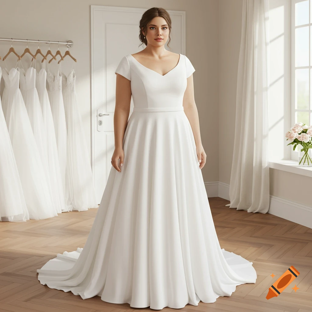 A woman wearing a simple, elegant white wedding dress with a V-neck and short sleeves stands in a bridal shop, with other dresses on hangers in the background.