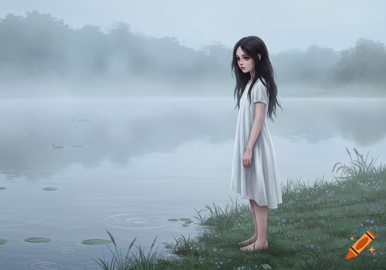 A digitally painted scene of a young girl with long dark hair, wearing a white dress, standing barefoot by a misty lake with grass and lily pads.