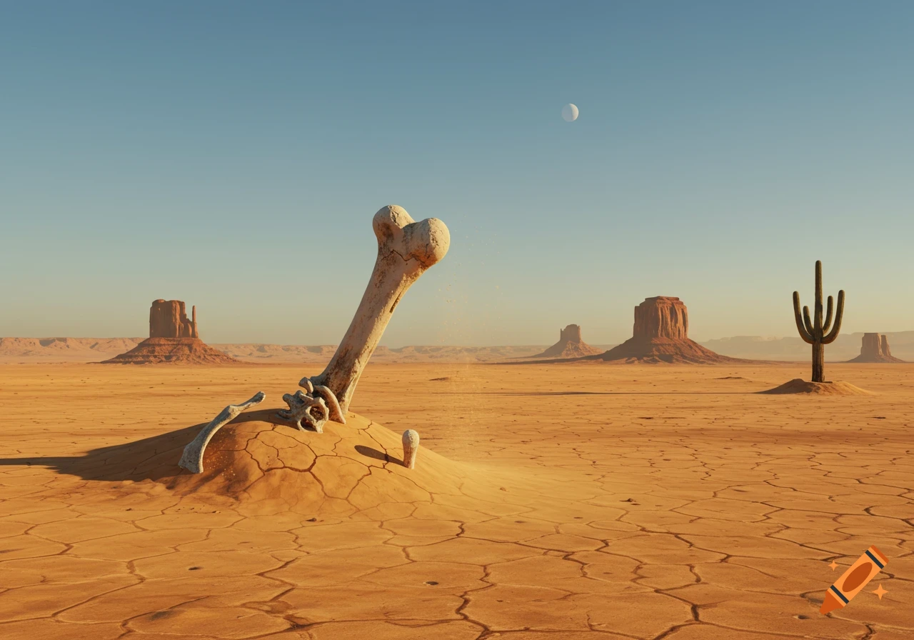 Large animal bones partially buried in a cracked desert landscape with mesas, a saguaro cactus, and a moon in the sky.