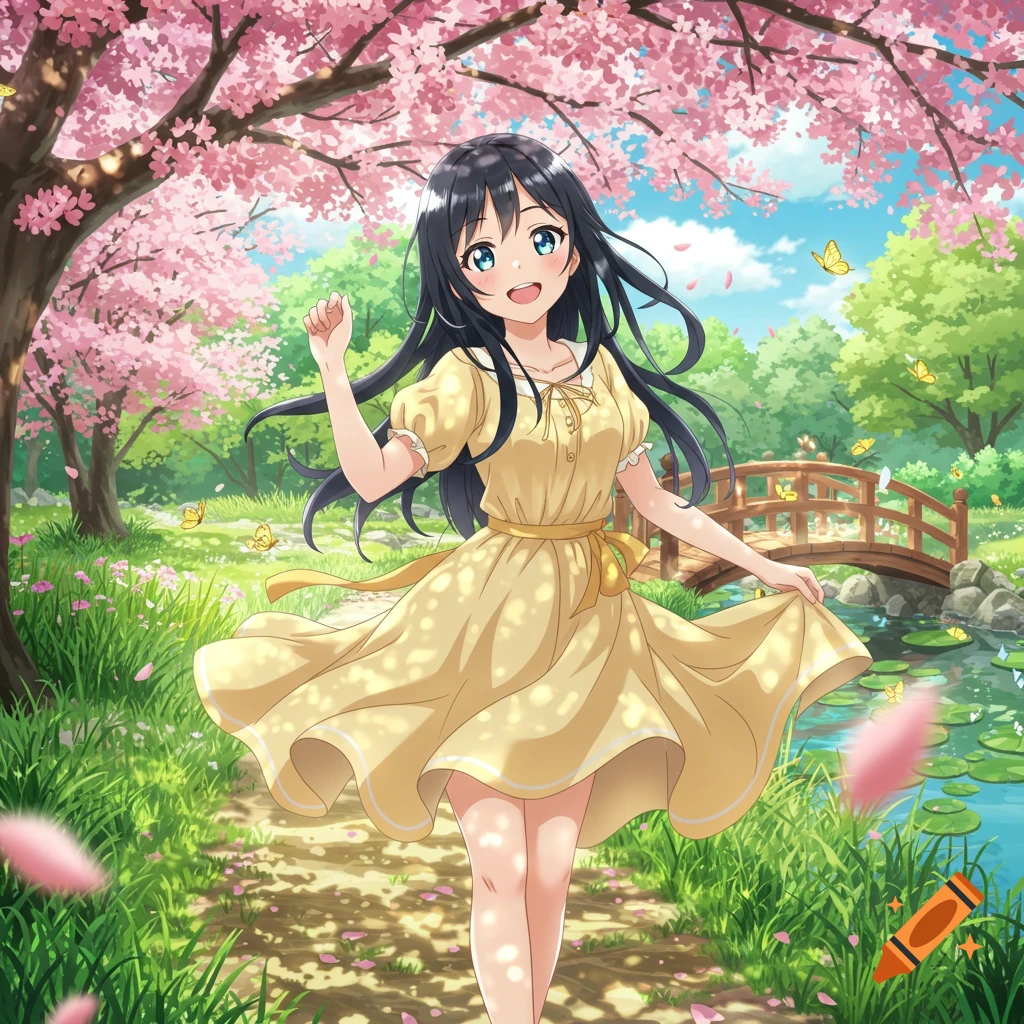 An anime girl in a yellow dress walks through a cherry blossom garden with butterflies, a pond, and a bridge.