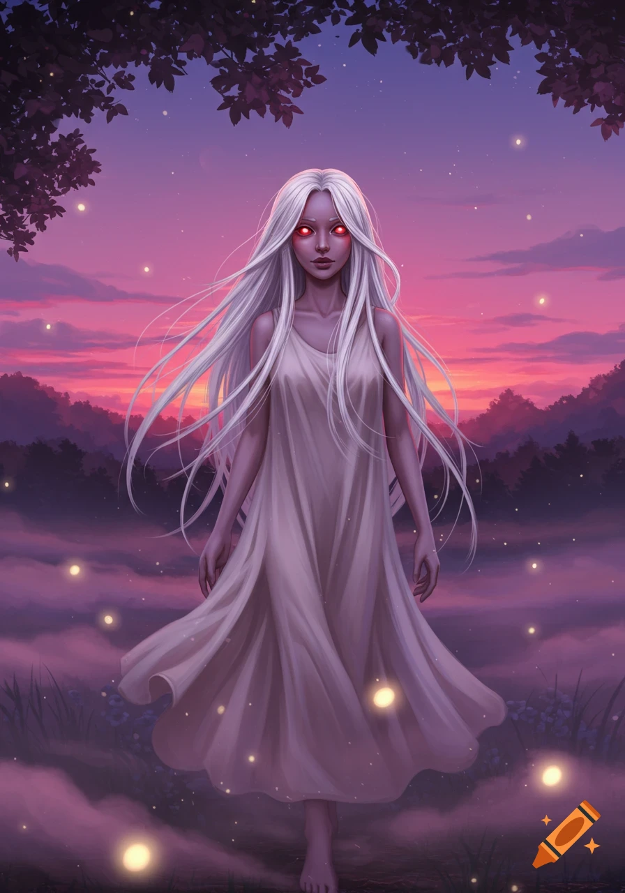 A digital painting of a woman with long white hair and glowing red eyes in a flowing white dress, standing in a magical forest at sunset with glowing orbs.