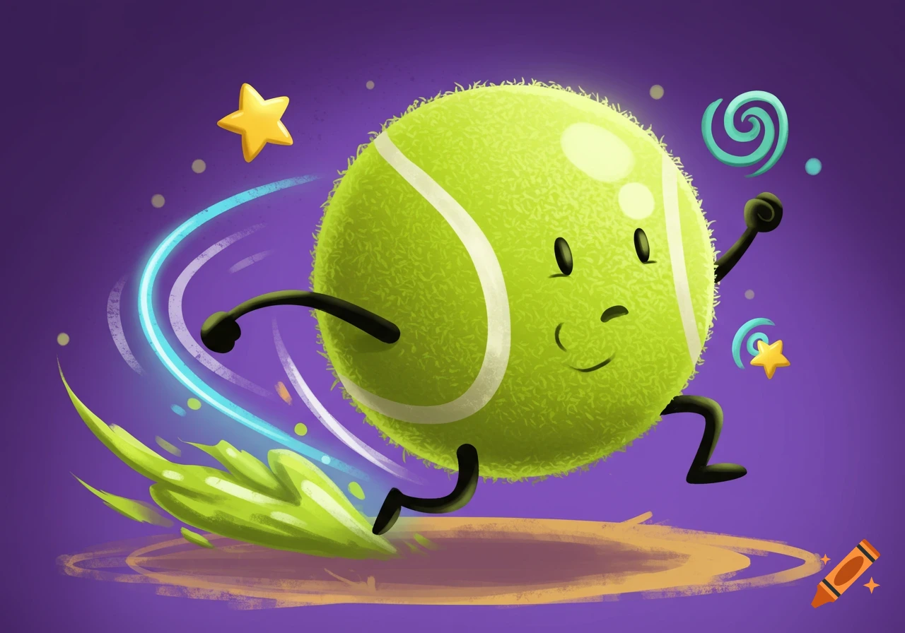 A cartoon tennis ball character with a happy face and limbs runs on a purple background with blue and green motion trails and stars.