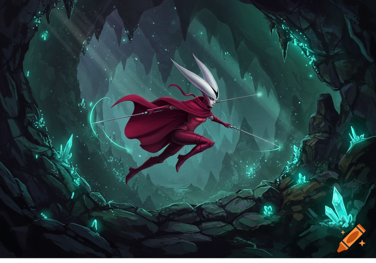Hornet, a white-horned figure in a red cape, leaps through a dark, crystal-filled cave, holding two needles. Stylized video game art.