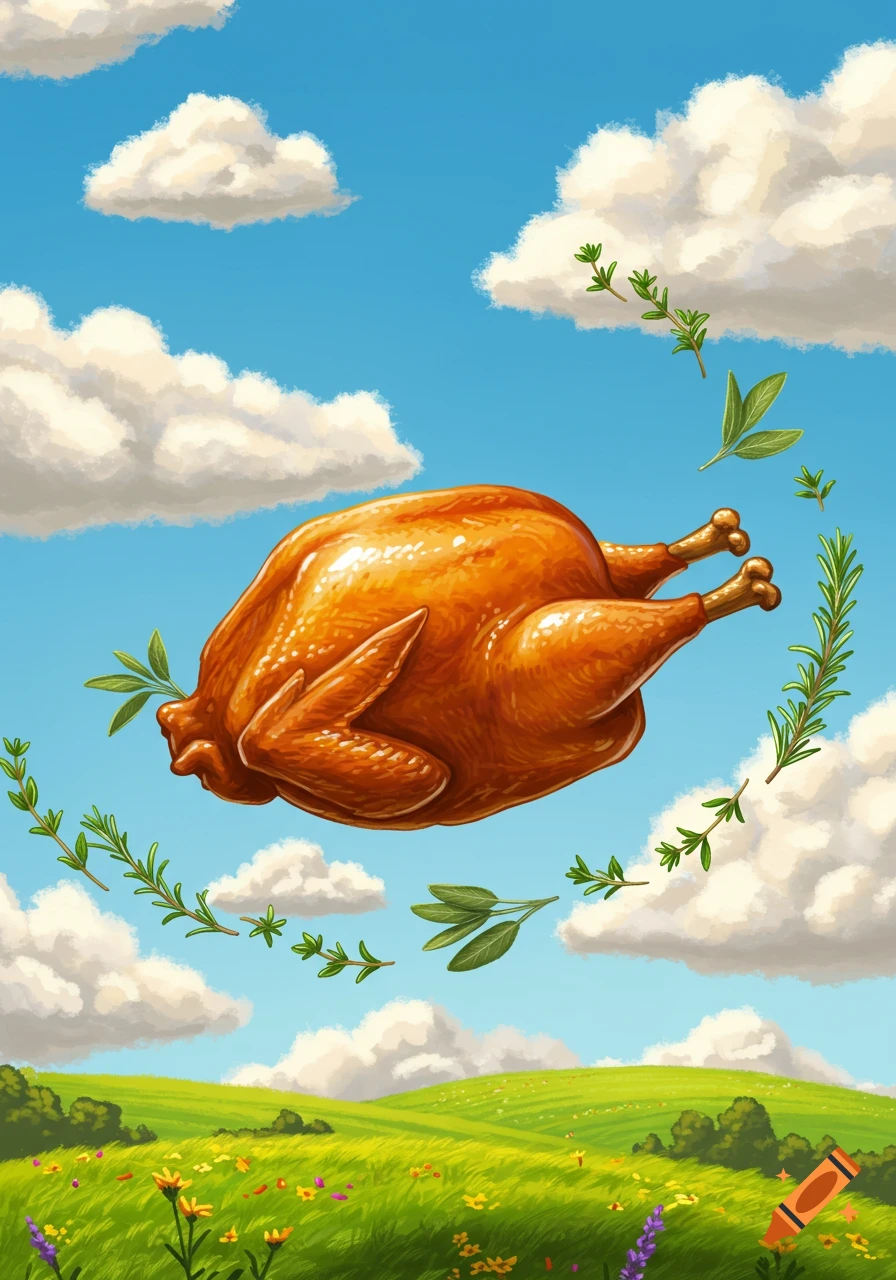 An illustrated cooked turkey floats in a bright blue sky surrounded by herbs, above a green field with wildflowers and white clouds.