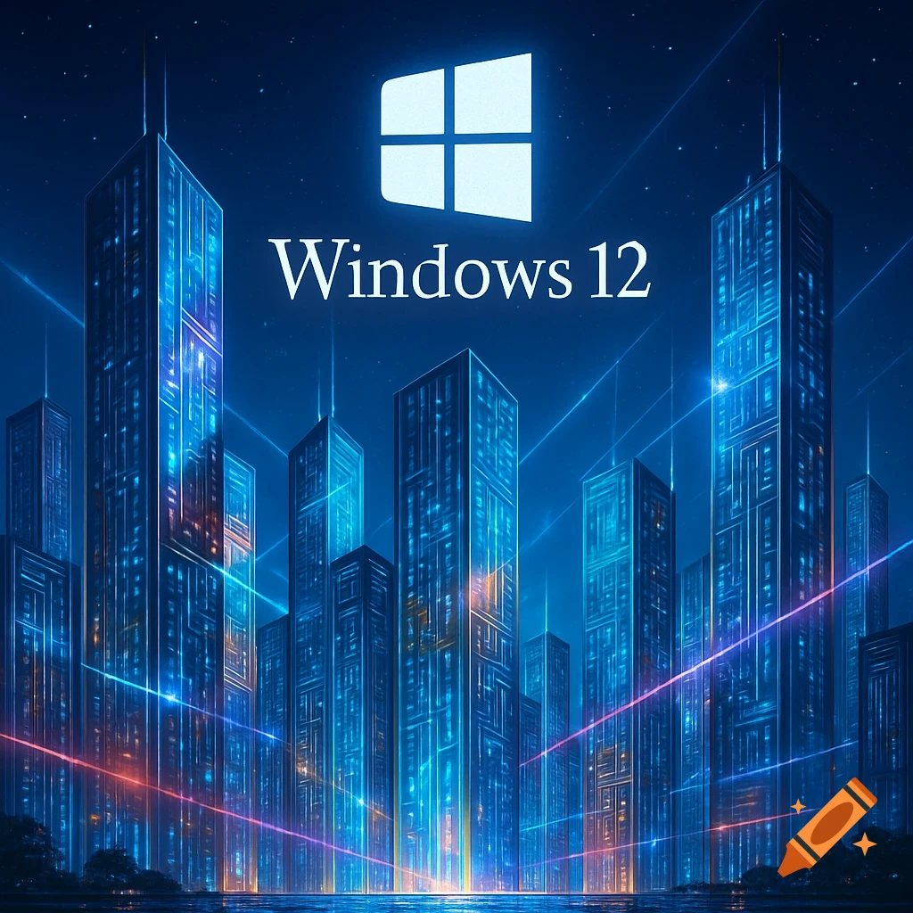 A futuristic cityscape at night with glowing blue skyscrapers and light trails, featuring the Windows logo and 'Windows 12' text above.