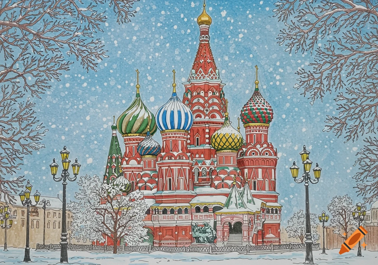 Coloring page illustration of St. Basil's Cathedral in Moscow during a snowy winter.