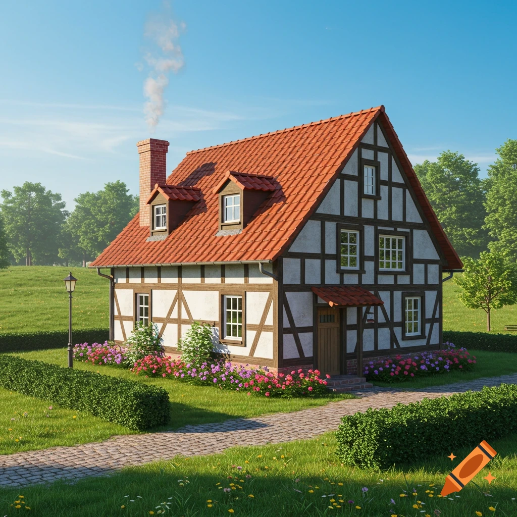 A photorealistic half-timbered house with a red roof, chimney smoke, and colorful flowers in a green meadow under a blue sky.