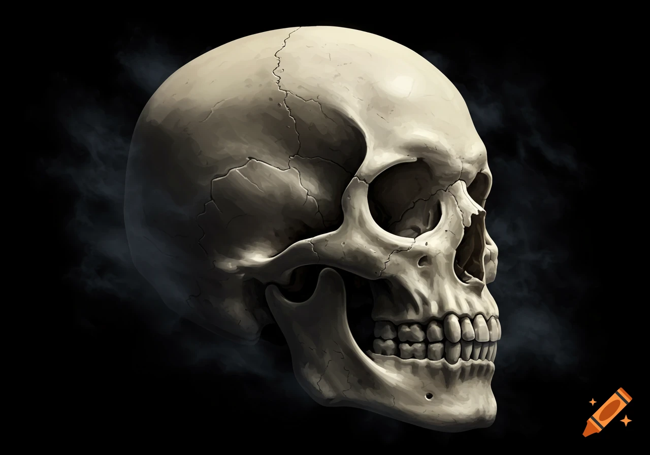 A detailed side profile illustration of a human skull against a dark, smoky background.