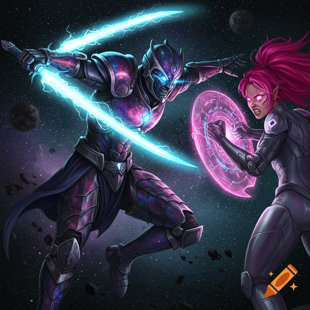A cosmic warrior with glowing swords battles a pink-haired alien with an energy shield against a starry space background.