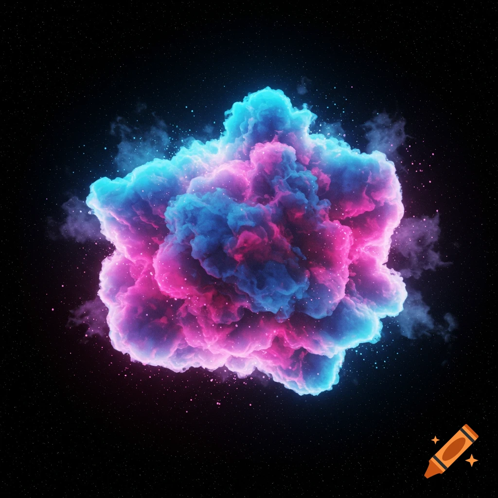 A vibrant pink and blue nebula-like cloud bursts in a dark starry space.