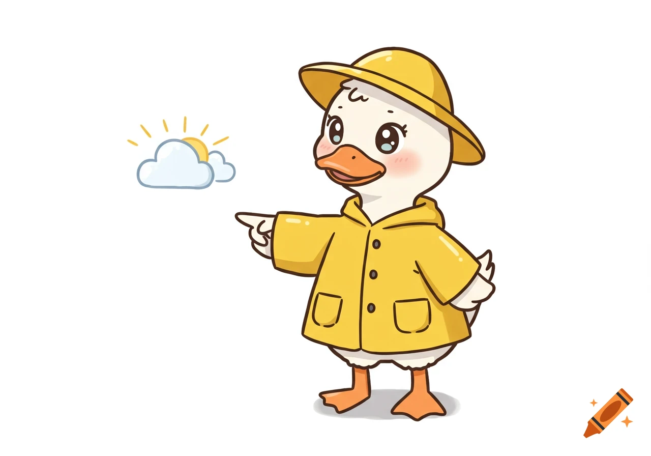 Cute cartoon duck in a yellow raincoat and hat, pointing at a sunny cloud icon.