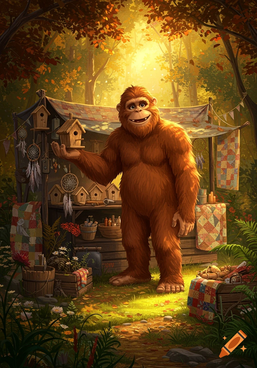 A friendly, furry Bigfoot with a wide smile stands at a rustic market stall in an autumn forest, holding a birdhouse.