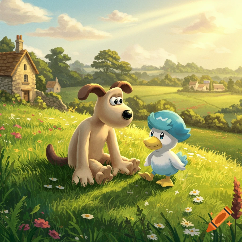 Gromit and Quaxly in a sunny, green field with wildflowers and a farmhouse in the background, cartoon animation style.