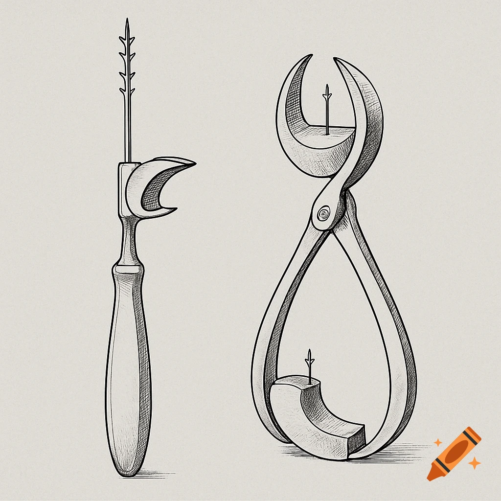 A detailed sketch of two conceptual watermelon eating tools: a barbed skewer with an attached cutter, and tongs with crescent ends and a piercing skewer.