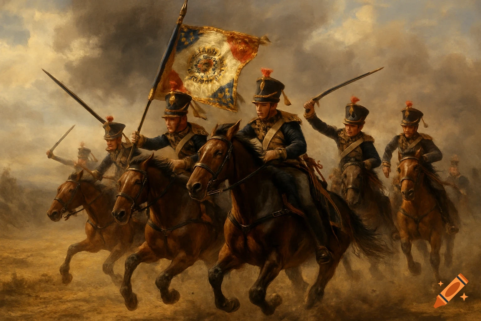 A dramatic painting of a Napoleonic cavalry charge, with soldiers on horseback carrying swords and a large flag under a cloudy sky.