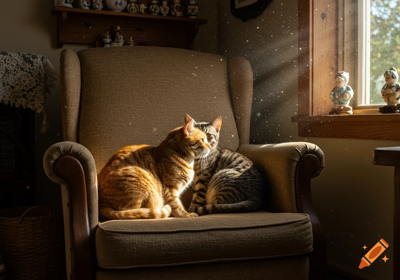 An orange tabby and a gray tabby cat sit closely on a brown armchair, illuminated by sunlight streaming from a window, with dust motes visible in the light.