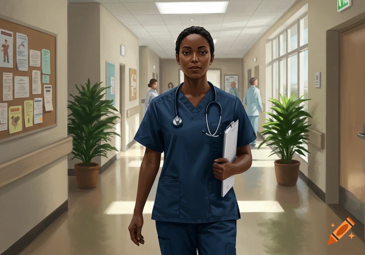 A dark-skinned female nurse in blue scrubs stands in a hospital hallway, holding a clipboard. Photorealistic style.
