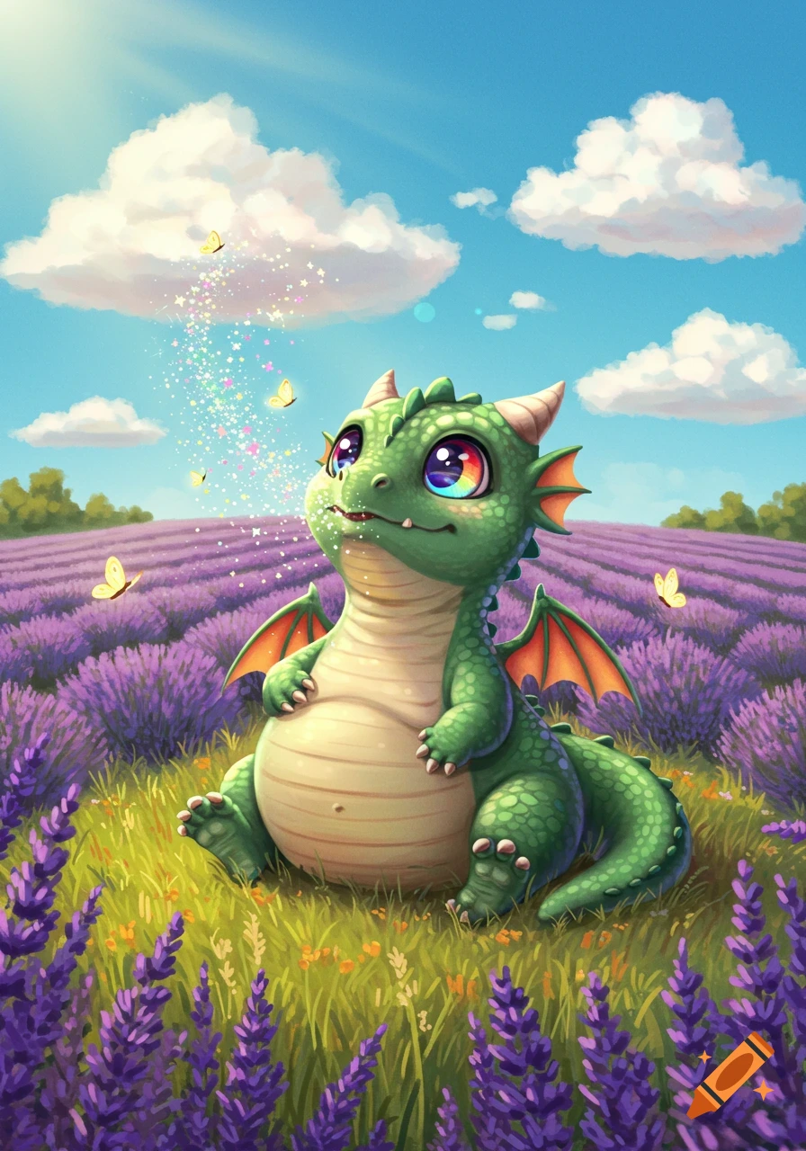 A cute green baby dragon with large rainbow eyes sits in a vibrant purple lavender field, exhaling colorful sparkles.